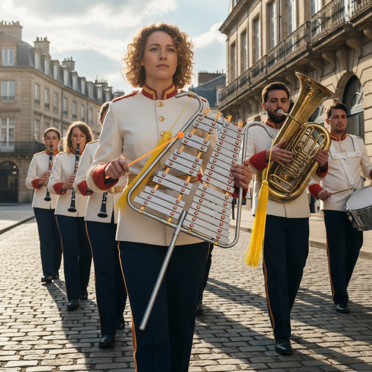 Marching glockenspiel with 29 aluminum keys, adjustable length, and vibrant sound, ideal for marching band performances.