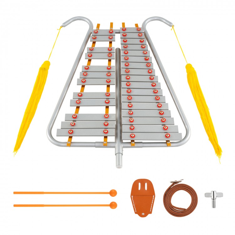 Marching Glockenspiel with 29 aluminum keys, adjustable length, and vibrant sound, ideal for marching bands and events.