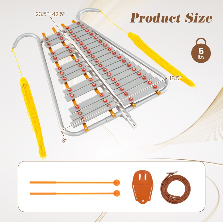 Marching Glockenspiel with 29 aluminum keys, adjustable length, and included mallets, ideal for marching bands and.