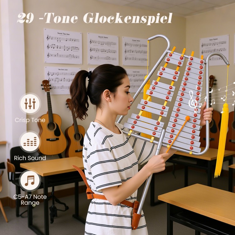 29-tone glockenspiel with aluminum keys and adjustable length, ideal for marching bands and music education.