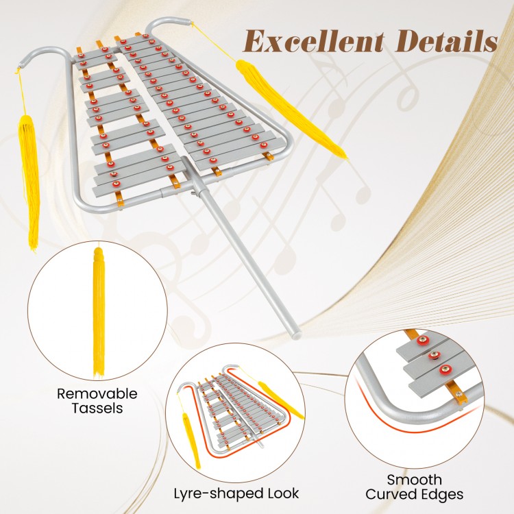Marching Glockenspiel with 29 aluminum keys, adjustable length, and removable tassels for vibrant outdoor performances.