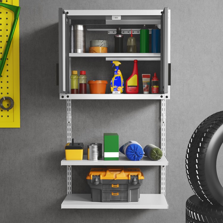 Metal wall cabinet with lock and adjustable shelves, featuring tools and storage items for organized workspace.