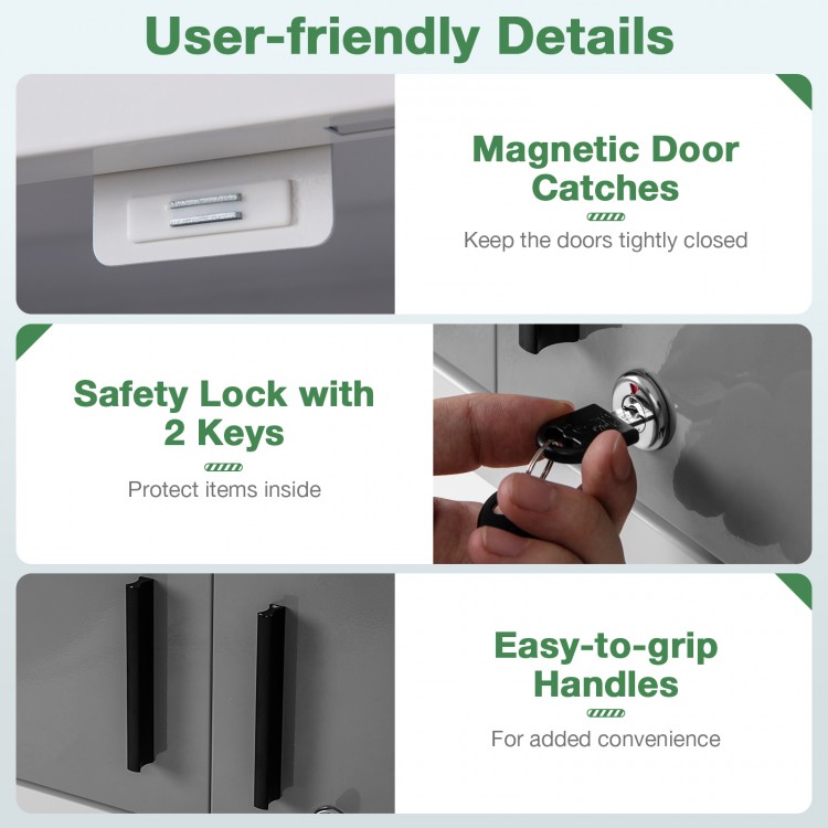 Close-up of the Metal Wall Cabinet's safety lock with 2 keys, featuring easy-to-grip handles for added convenience.