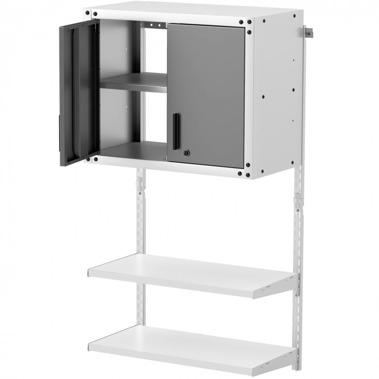 Metal wall cabinet with lock, featuring 3 adjustable shelves and 2 open shelves for versatile storage solutions.