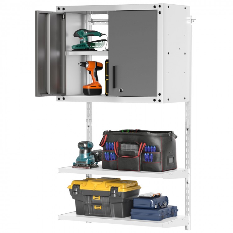 Metal wall cabinet with lock, featuring 3 adjustable shelves and tools organized on open shelves for versatile storage.