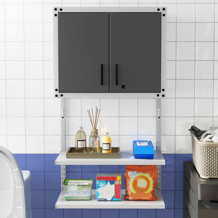 Metal wall cabinet with lock and three adjustable shelves, ideal for organizing tools and kitchenware in any space.