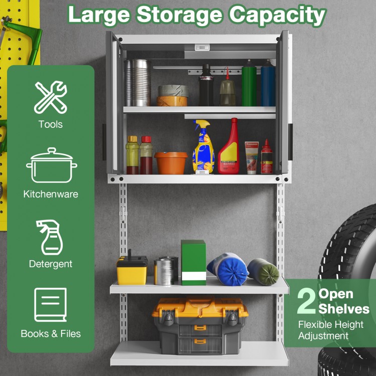 Metal wall cabinet with 3 adjustable shelves, large storage capacity for tools and kitchenware, featuring a safety lock.