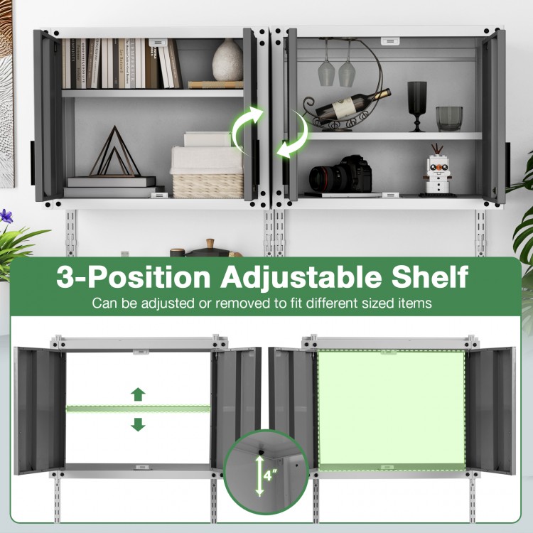 Metal wall cabinet with 3 adjustable shelves, featuring a safety lock and rustproof finish for versatile storage.
