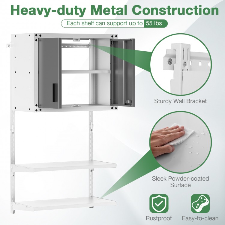 Metal wall cabinet with lock and 3 adjustable shelves, featuring a rustproof surface and sturdy wall bracket for.