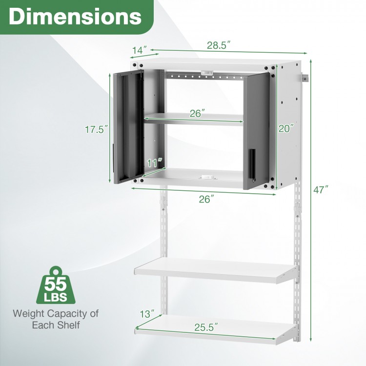 Metal wall cabinet with lock and three adjustable shelves, featuring a rustproof finish and space-saving design for.
