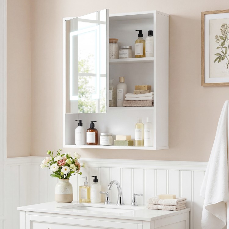 Medicine cabinet with mirror and LED lights, featuring adjustable shelves and a sleek white design for versatile.