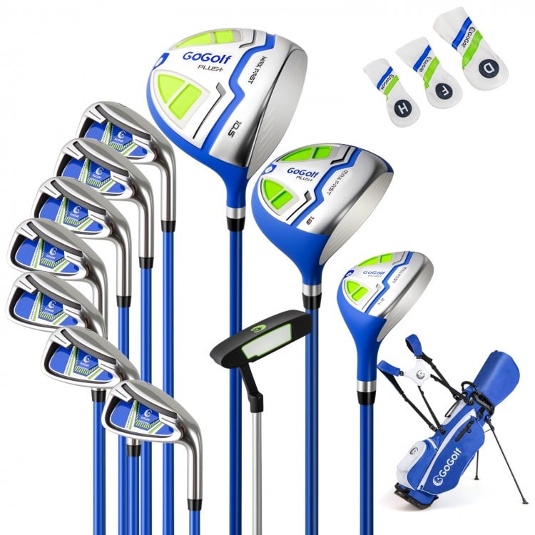 Men's complete golf clubs and bag set in blue, featuring a driver, fairway, hybrid, irons, putter, and headcovers.
