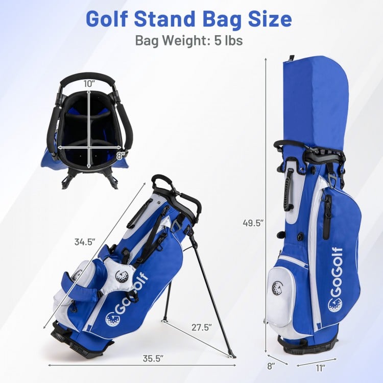 Men's blue golf stand bag with dual shoulder straps, 5 zippered pockets, and convenient storage features for easy.
