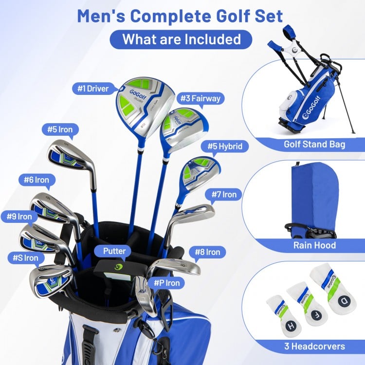 Men's complete golf clubs and bag set in blue, featuring a driver, fairway, hybrid, and putter with headcovers for easy.