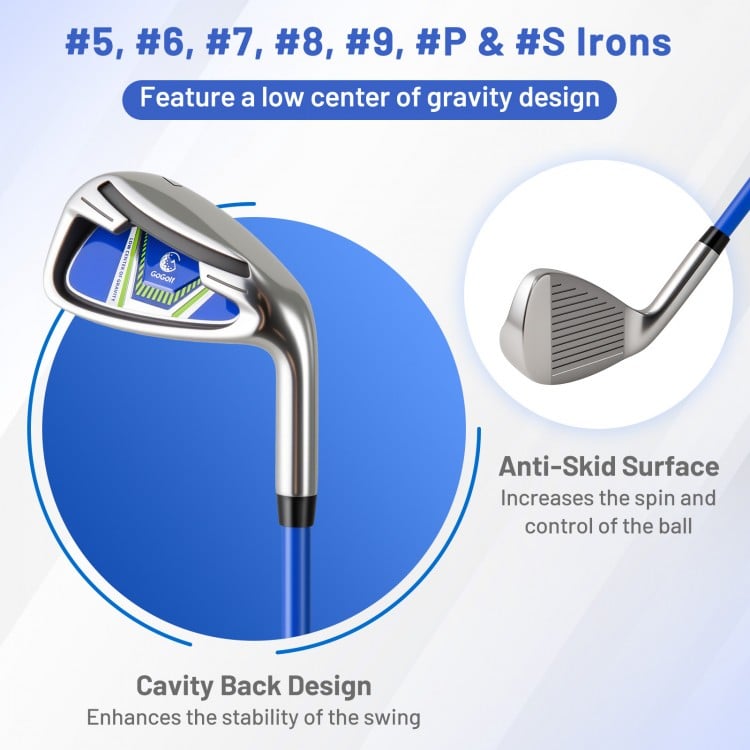 Men's golf club set featuring low center of gravity design, cavity back irons, and anti-skid surface for improved.
