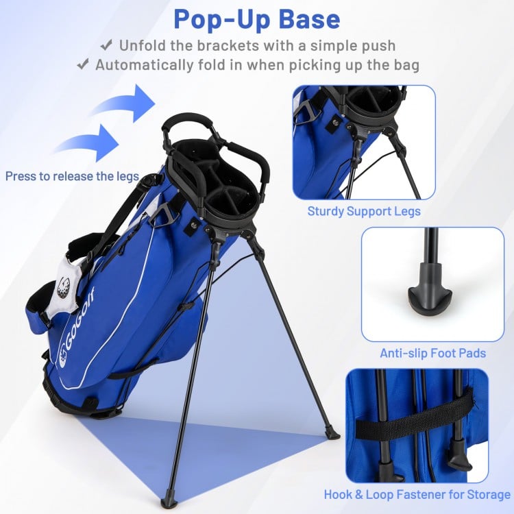 Men's golf bag set in blue with pop-up base, sturdy support legs, and anti-slip foot pads for easy carrying.
