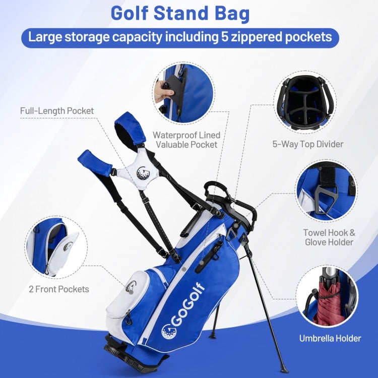 Men's blue golf stand bag featuring 5 zippered pockets, waterproof pocket, and dual shoulder straps for easy carrying.