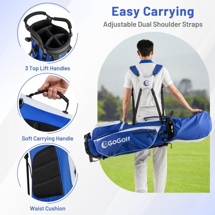 Men's blue golf bag set with adjustable dual shoulder straps, soft carrying handle, and multiple storage pockets for.