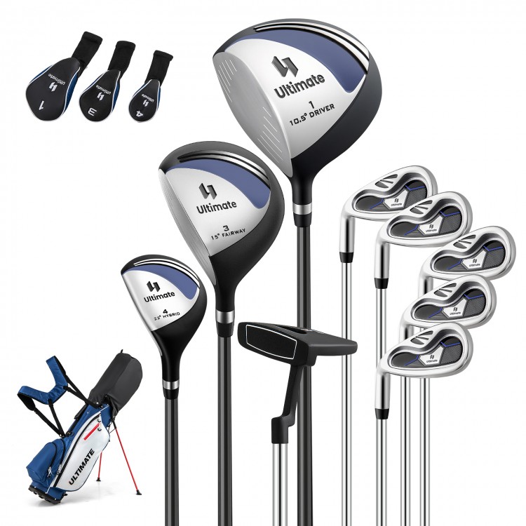 Left-handed complete golf club set with 3 woods, 5 irons, putter, and lightweight blue stand bag for easy portability.
