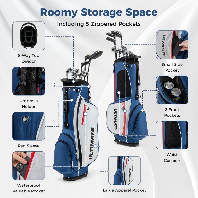 Left-handed golf stand bag in blue featuring 5 zippered pockets, umbrella holder, and lightweight portable design.