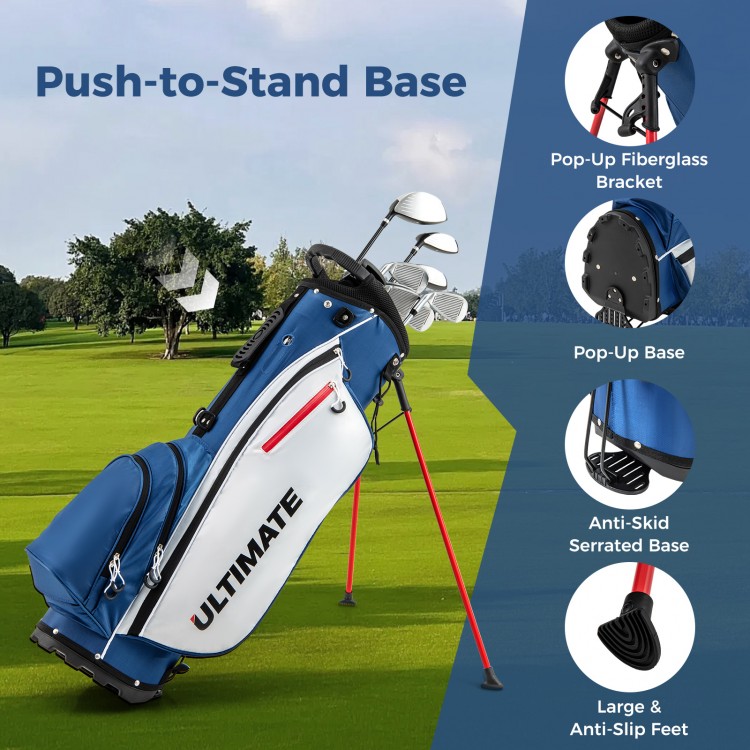 Lightweight blue golf stand bag with push-to-stand base, includes clubs for left-handed users, ideal for easy transport.