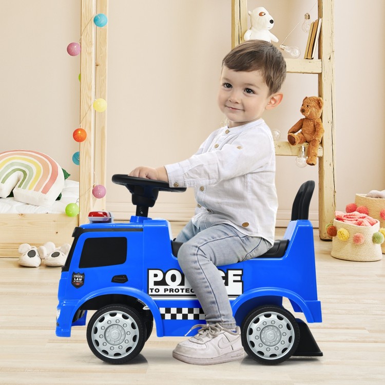 Blue Mercedes Benz kids ride-on police car with steering wheel, storage space, and durable wheels for toddlers.