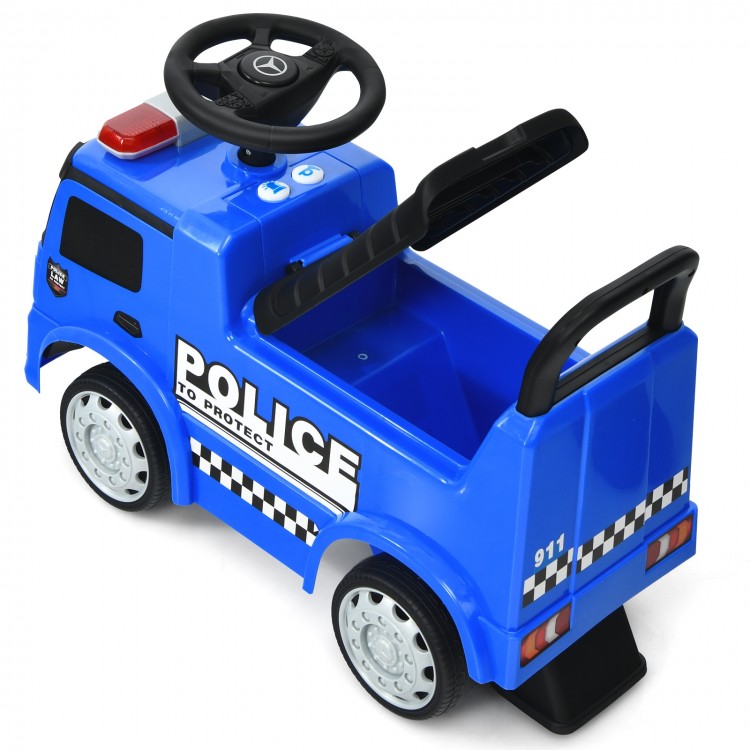 Blue Mercedes Benz kids ride-on push police car with steering wheel, storage space, and durable wheels for toddlers.