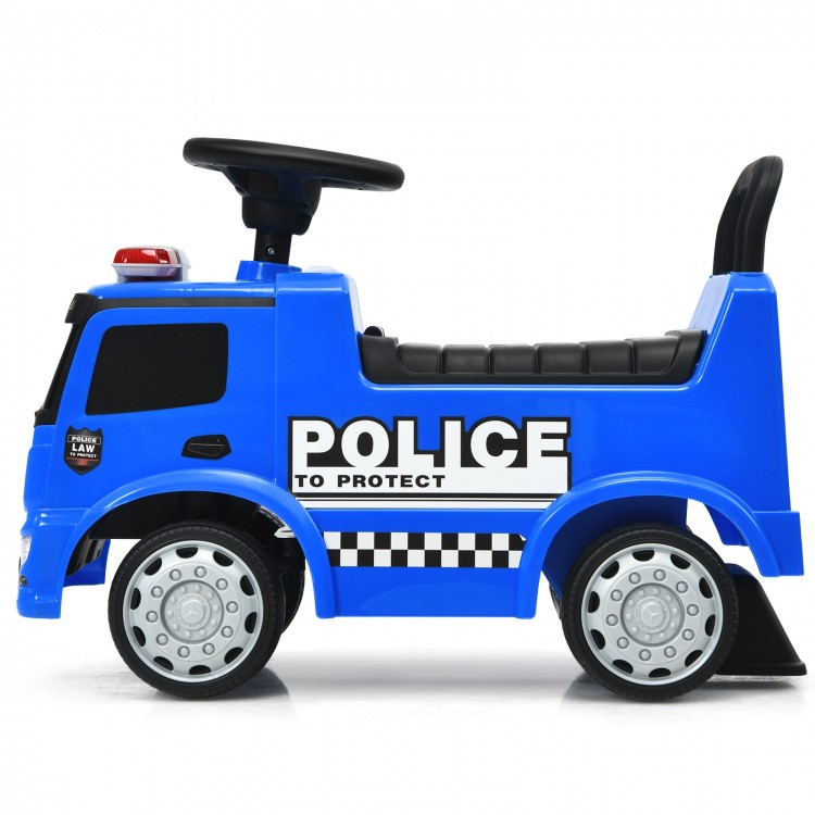Blue Mercedes Benz kids ride-on police car featuring a sturdy frame, extra backrest, and a foot-to-floor design for.