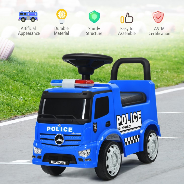 Blue Mercedes Benz kids ride-on push police car with steering wheel, durable wheels, and hidden storage for toddlers.