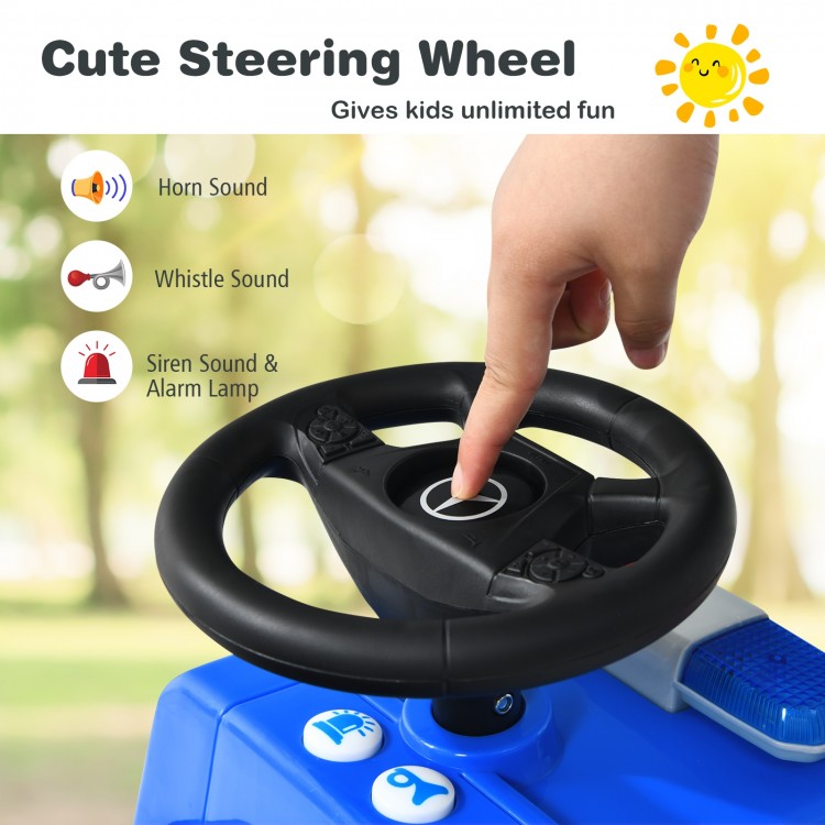 Steering wheel of the Mercedes Benz kids ride-on police car with sound buttons and warning light for added fun.