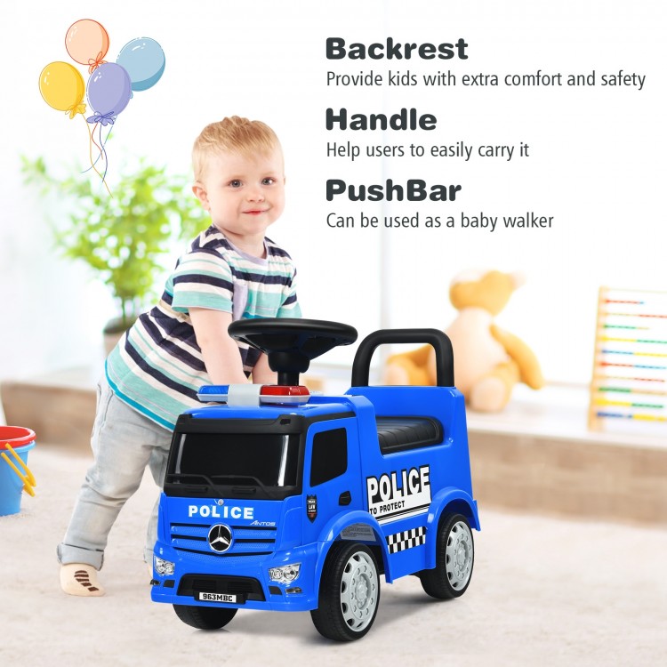 Blue Mercedes Benz kids ride-on push police car with backrest, storage space, and durable wheels for toddlers aged.