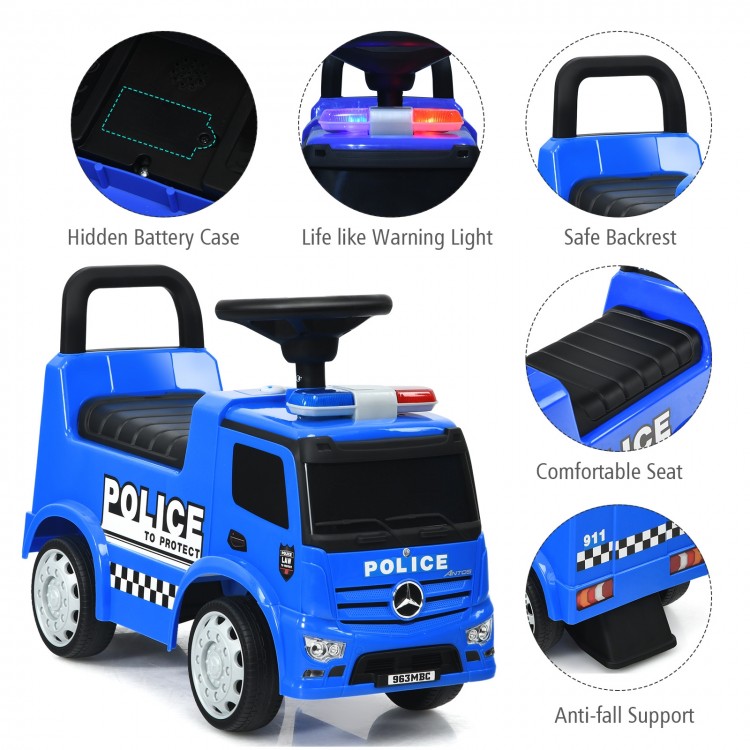 Blue Mercedes Benz kids ride-on police car with warning light, comfortable seat, and hidden storage for toddlers.