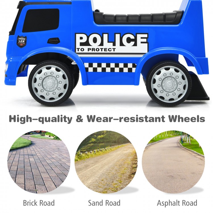 Side view of the blue Mercedes Benz kids ride-on police car featuring high-quality, wear-resistant wheels for various.