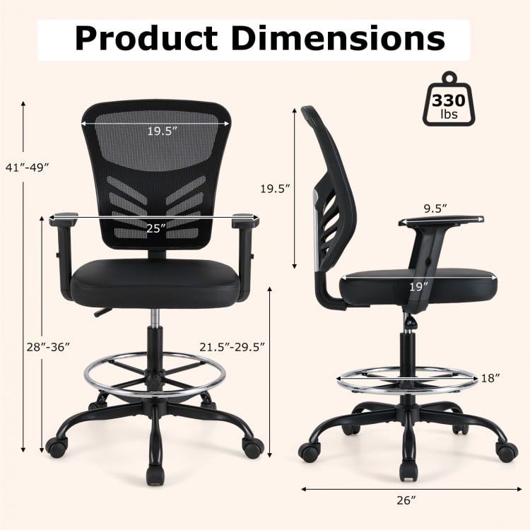 Mesh drafting chair dimensions showing adjustable seat height, armrests, and foot-ring for ergonomic office use.