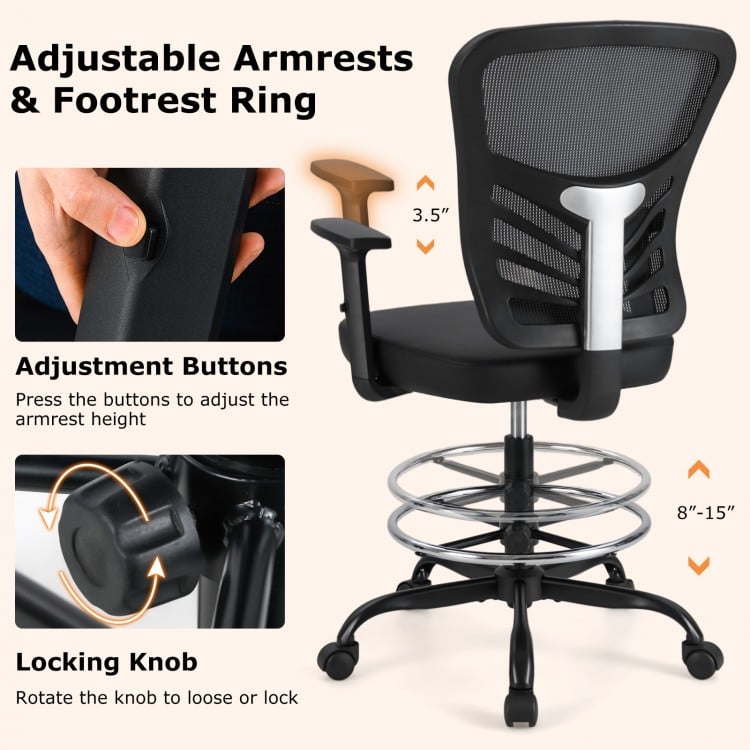 Adjustable armrests and footrest ring of the black mesh drafting chair for customizable comfort and support.