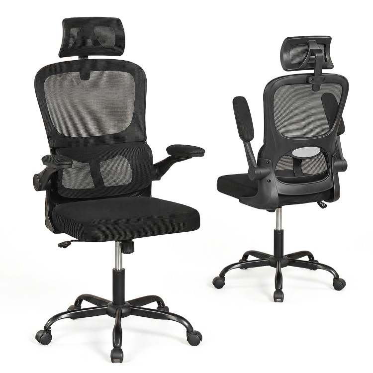 Mesh office chair in black with adjustable lumbar support, flip-up armrests, and reclining backrest for ergonomic.