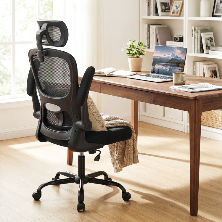 Black mesh office chair featuring adaptive lumbar support, flip-up armrests, and a reclining backrest for ergonomic.