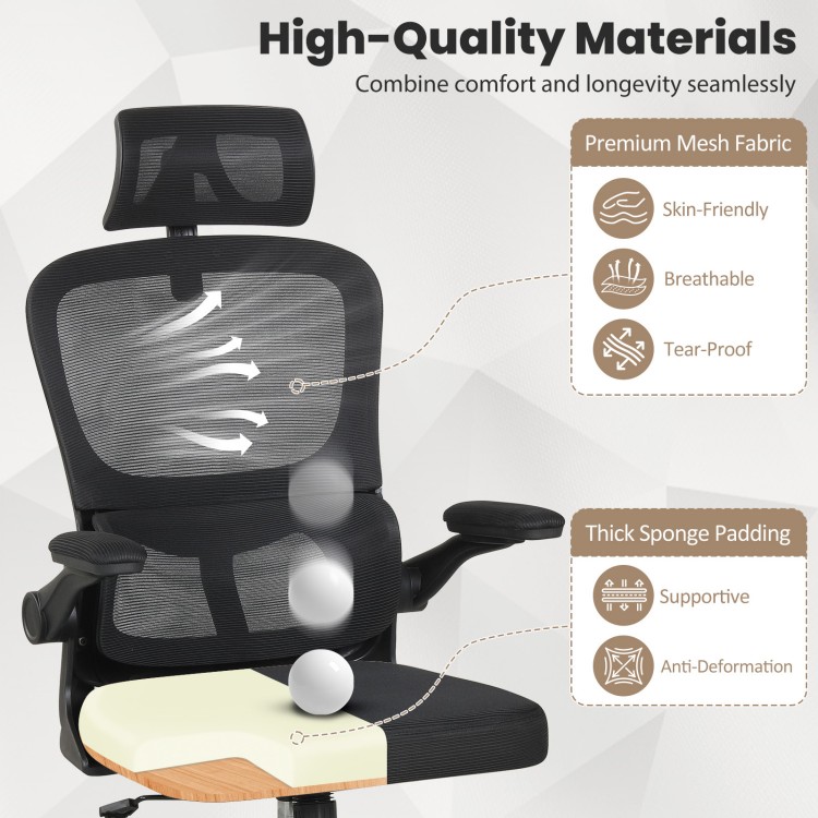 Mesh office chair featuring adaptive lumbar support, breathable fabric, and flip-up armrests for ergonomic comfort.