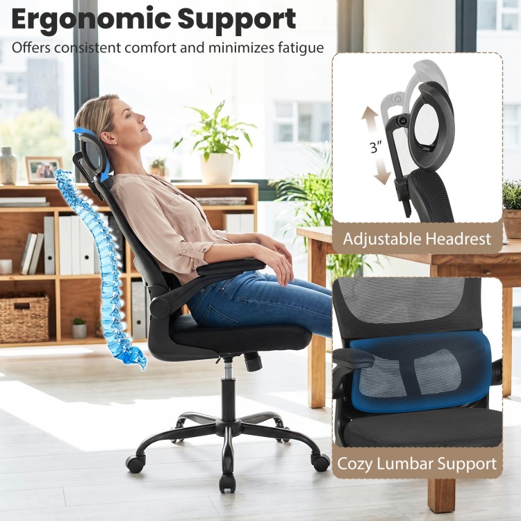 Mesh office chair with adjustable headrest and lumbar support, designed for ergonomic comfort during long hours of use.