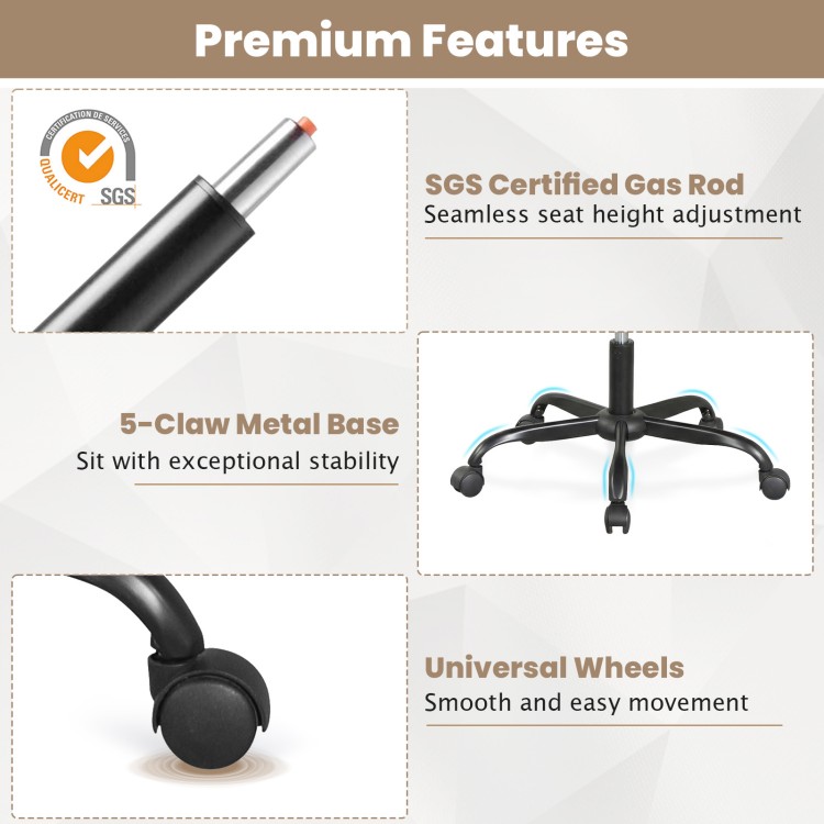 Detail of the 5-claw metal base and universal wheels of the black mesh office chair for stability and smooth movement.