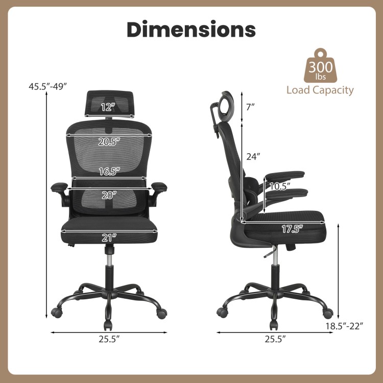 Dimensions of the black mesh office chair with adaptive lumbar support, adjustable armrests, and 300 lbs load capacity.