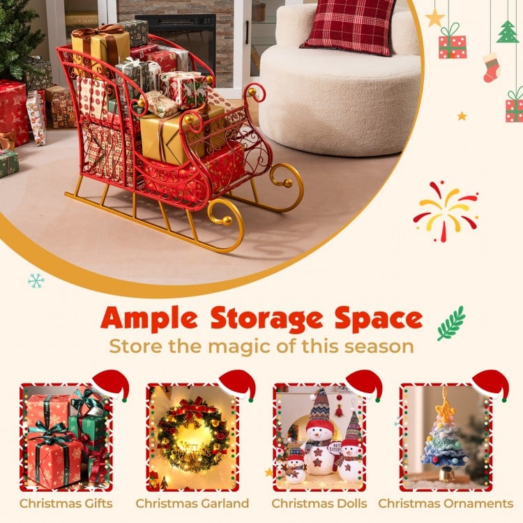 Metal Christmas Santa sleigh basket with ample storage for gifts and ornaments, featuring a red frame and golden base.