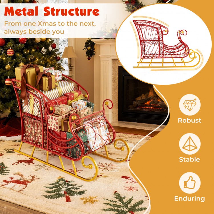Red metal Christmas Santa sleigh basket with gifts, featuring a robust design and elegant golden base for festive.