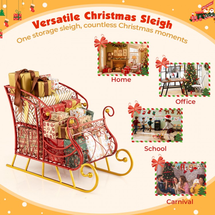 Metal Christmas Santa sleigh basket with ample storage for gifts, featuring a red frame and golden base, perfect for.