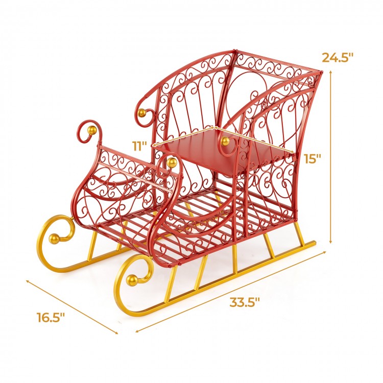 Red metal Christmas Santa sleigh basket with golden base, featuring 2-tier design for gift storage and holiday decor.