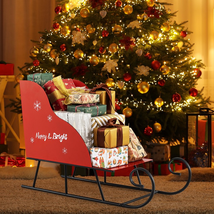 Metal Christmas Santa sleigh basket filled with gifts, featuring a festive design, perfect for holiday storage and.