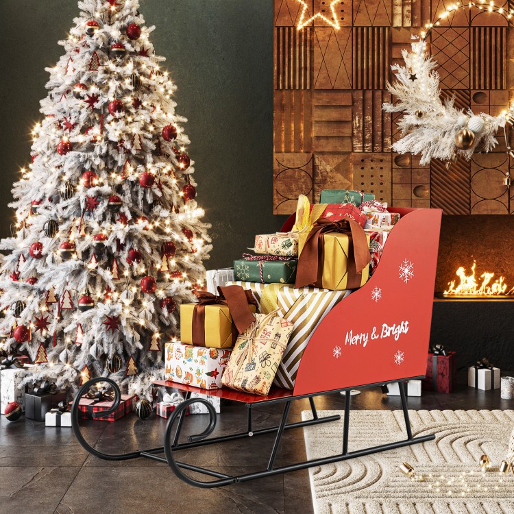 Metal Christmas Santa sleigh basket filled with colorful gifts, perfect for festive storage and holiday decor.