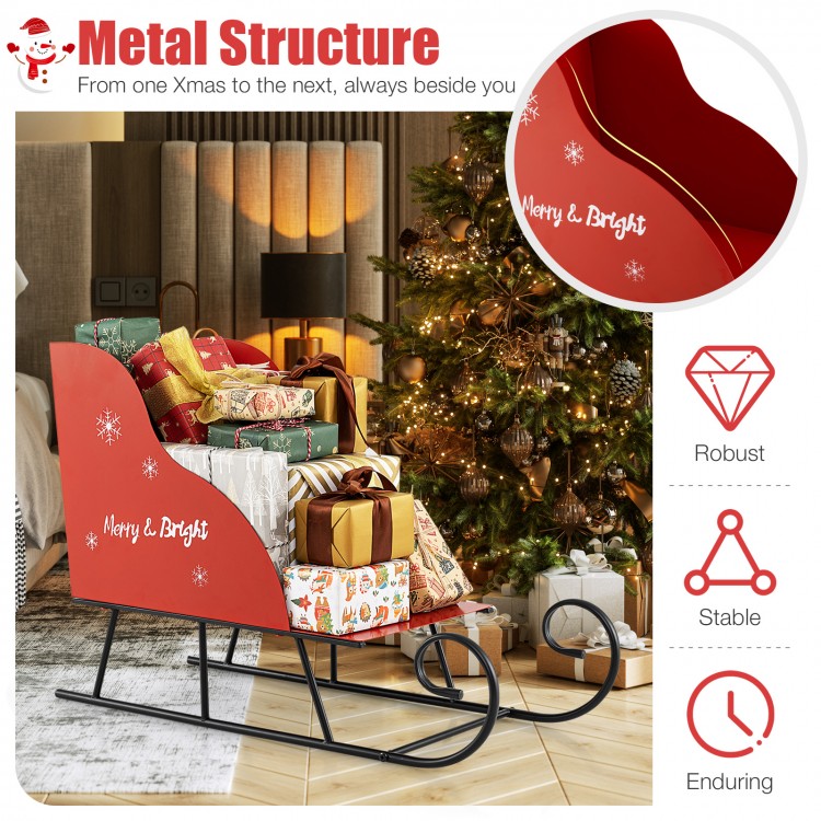 Red metal Christmas Santa sleigh basket with ample storage for gifts and festive motifs, perfect for holiday decor.