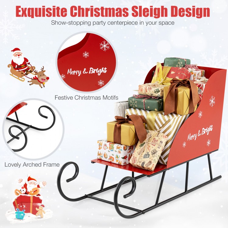 Metal Christmas sleigh basket with festive motifs, ideal for gift storage and holiday decorations in any space.