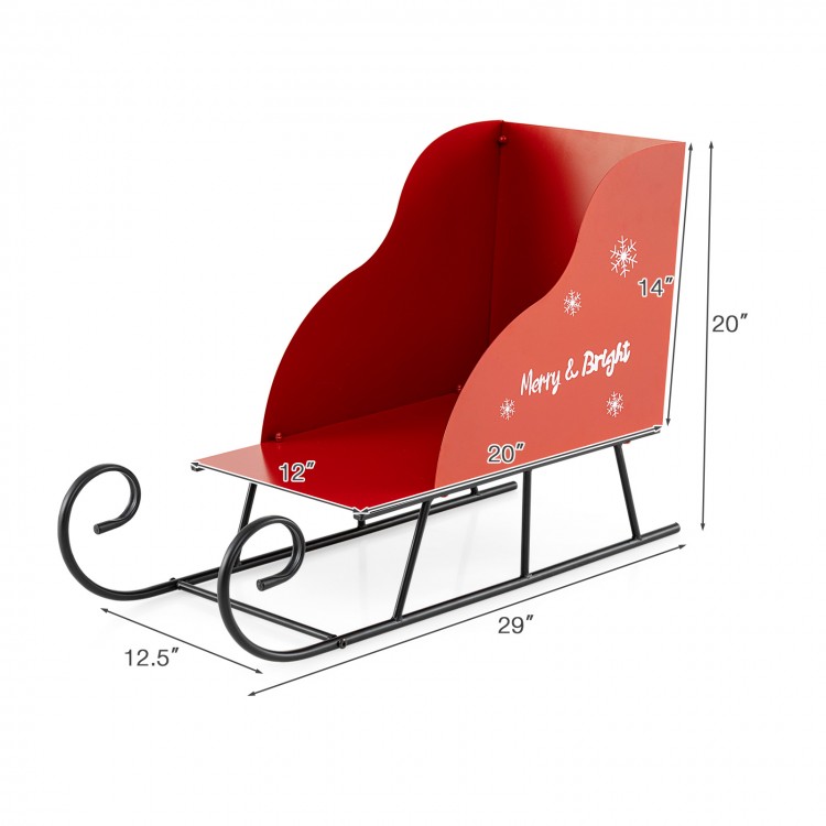 Red metal Christmas Santa sleigh basket with festive motifs, perfect for gift storage and holiday decor.